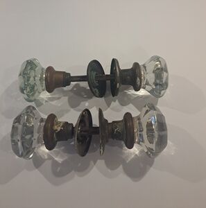 2 Vintage Door Knob Clear Glass Crystal 8 Point Brass